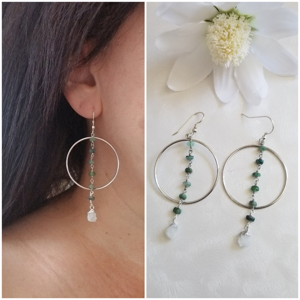 Raw Moonstone Crystal Earrings, Long Emerald Earrings for Women, Boho Hoops