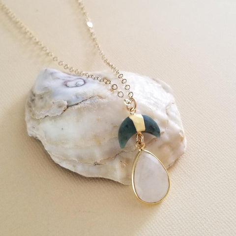 Emerald Crescent Moon and Teardrop Moonstone Pendant Necklace, Healing Crystal Jewelry Handmade in the USA