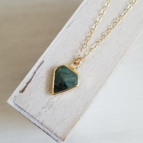 Dainty Gold Emerald Pendant Necklace, Healing Crystal Jewelry Handmade in the USA