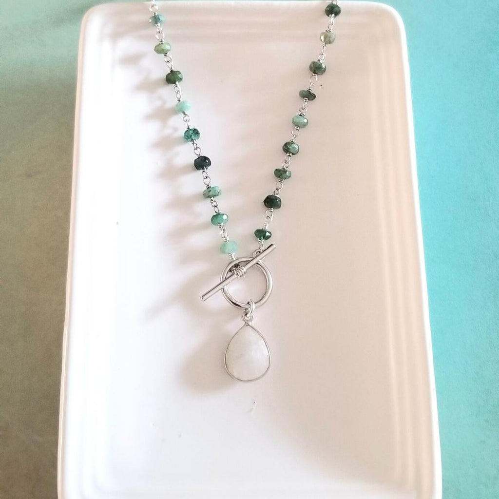 Emerald and Moonstone Necklace, Front Toggle Necklace, Boho Beaded Necklace