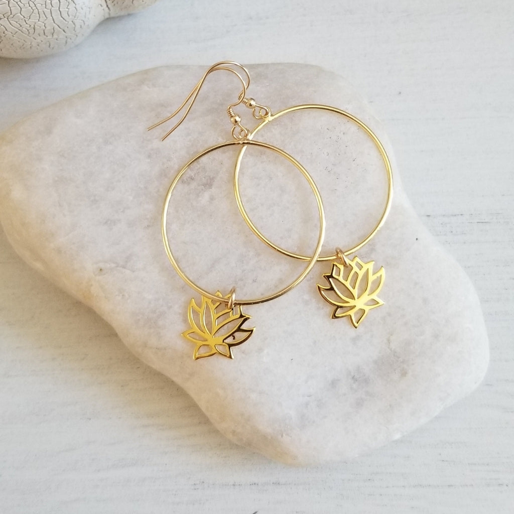 Gold Lotus Flower Hoop Earrings for Women