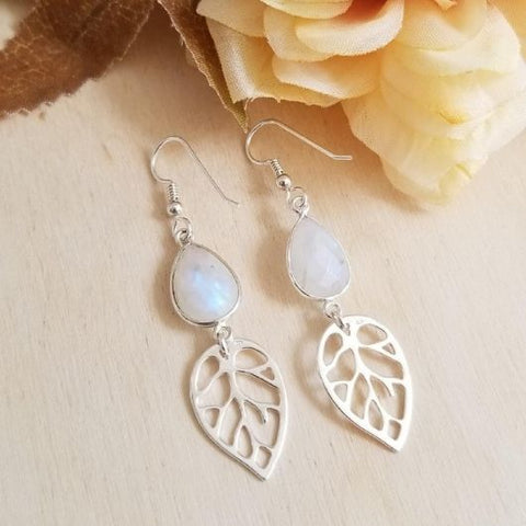 Sterling Silver Leaf Earrings, Moonstone Earrings, Fall Wedding Jewelry, Statement Earrings