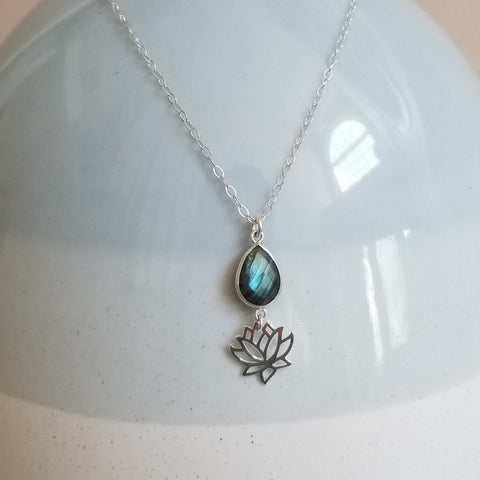 Labradorite and Lotus Flower Pendant Necklace