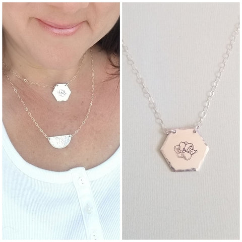 Silver Flower Pendant Necklace, Hand Stamped Flower Necklace