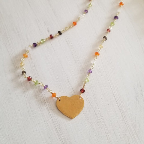 Heart Necklace, Multi Gemstone Beaded Necklace with Heart, Hammered Heart Pendant Necklace, Boho Beaded Chain, Heart Jewelry Gifts for Her