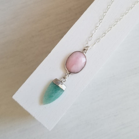 Natural Gemstone Pendant Necklace, Amazonite and Pink Opal Statement Necklace