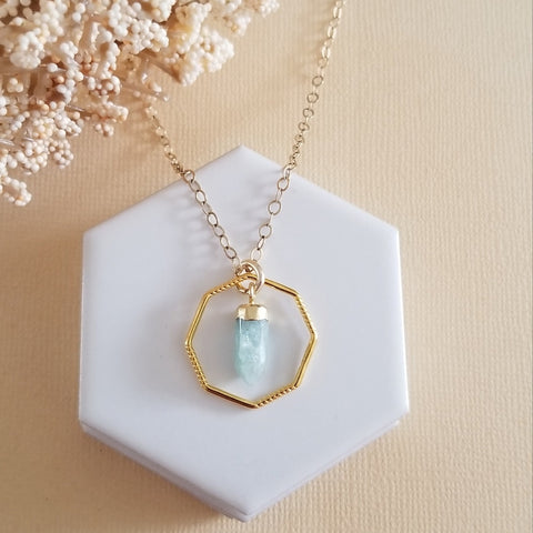 Genuine Aquamarine Necklace, March Birthstone, Aquamarine Crystal Pendant, Gemstone Necklace, Gold Necklace for Women, Throat Chakra Crystal