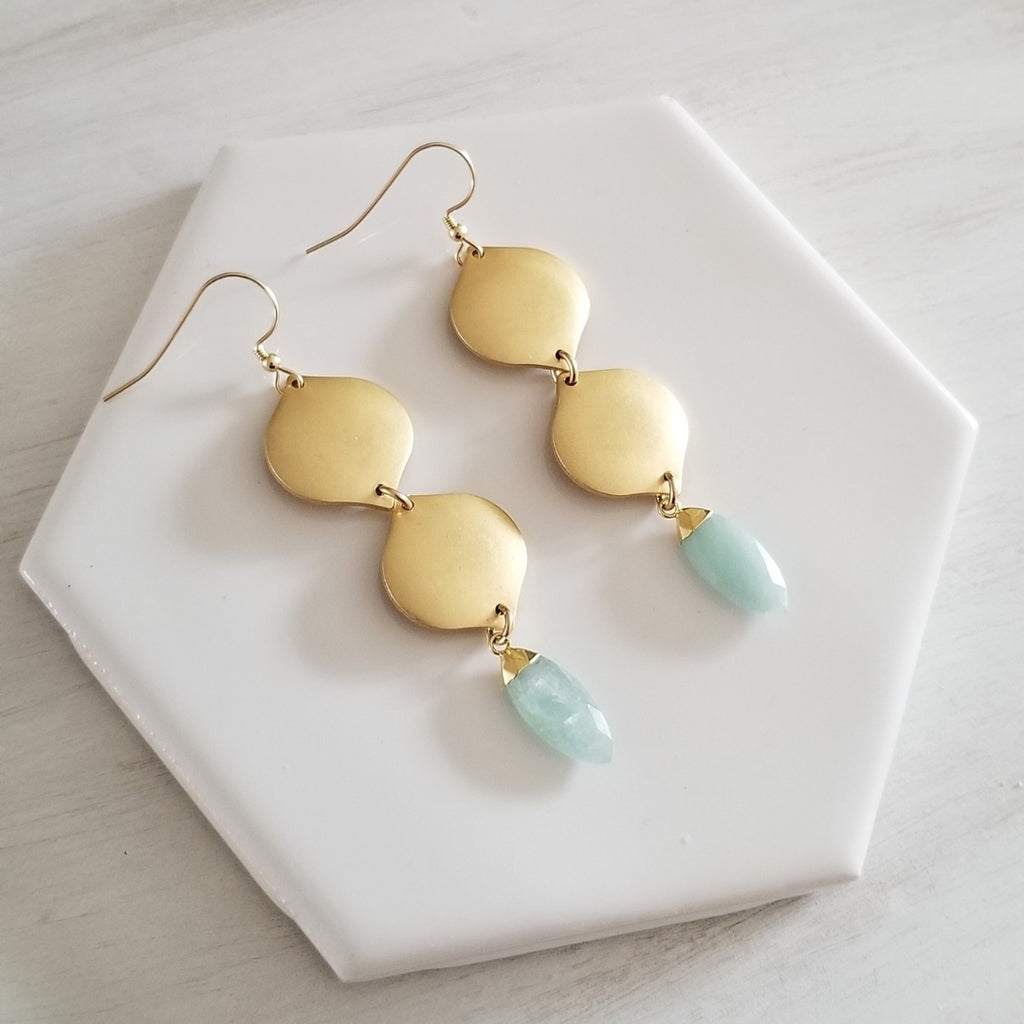 Gold Teardrop Earrings with Aquamarine, Gold Drop Earrings, Statement Earrings, Aquamarine Earrings, March Birthstone, Boho Stone Earrings