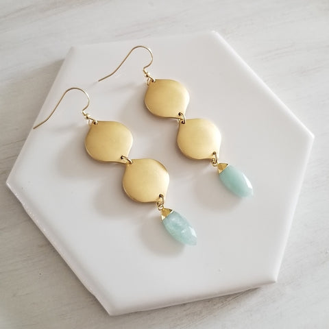 Long Gold Teardrop Aquamarine Earrings, Statement Earrings