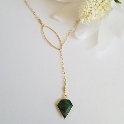 Gold Emerald Necklace, Emerald Y Necklace, Gemstone Lariat