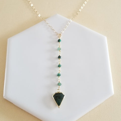 Long Emerald Pendant Necklace, Emerald Y Necklace, Bohemian Center Drop Necklace, Gold Y Necklace