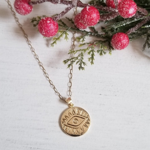 Gold Evil Eye Coin Necklace, Christmas Gift Idea for Her