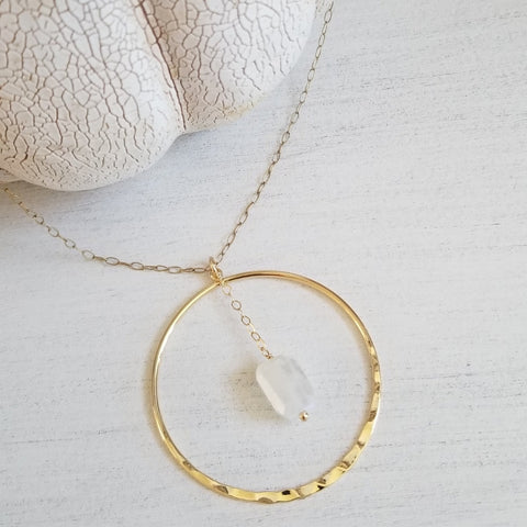 Long Moonstone Necklace, Gold Hoop Pendant Necklace, Christmas Gift for women
