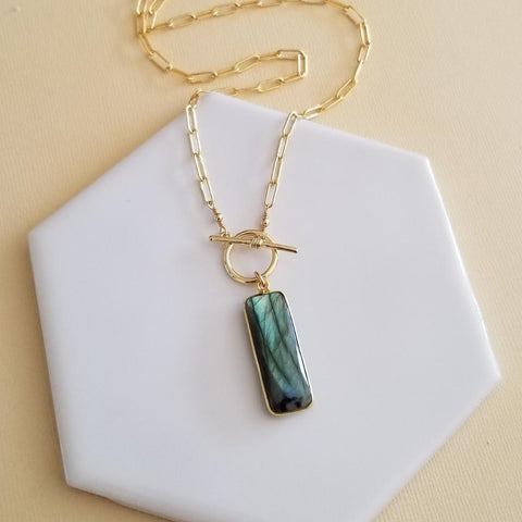 Long Labradorite Pendant Necklace, Popular Paperclip Chain, Modern Toggle Necklace