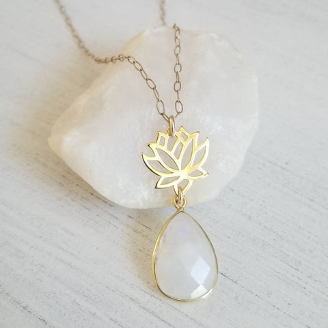 Gold Lotus Flower with Moonstone Teardrop Pendant Necklace