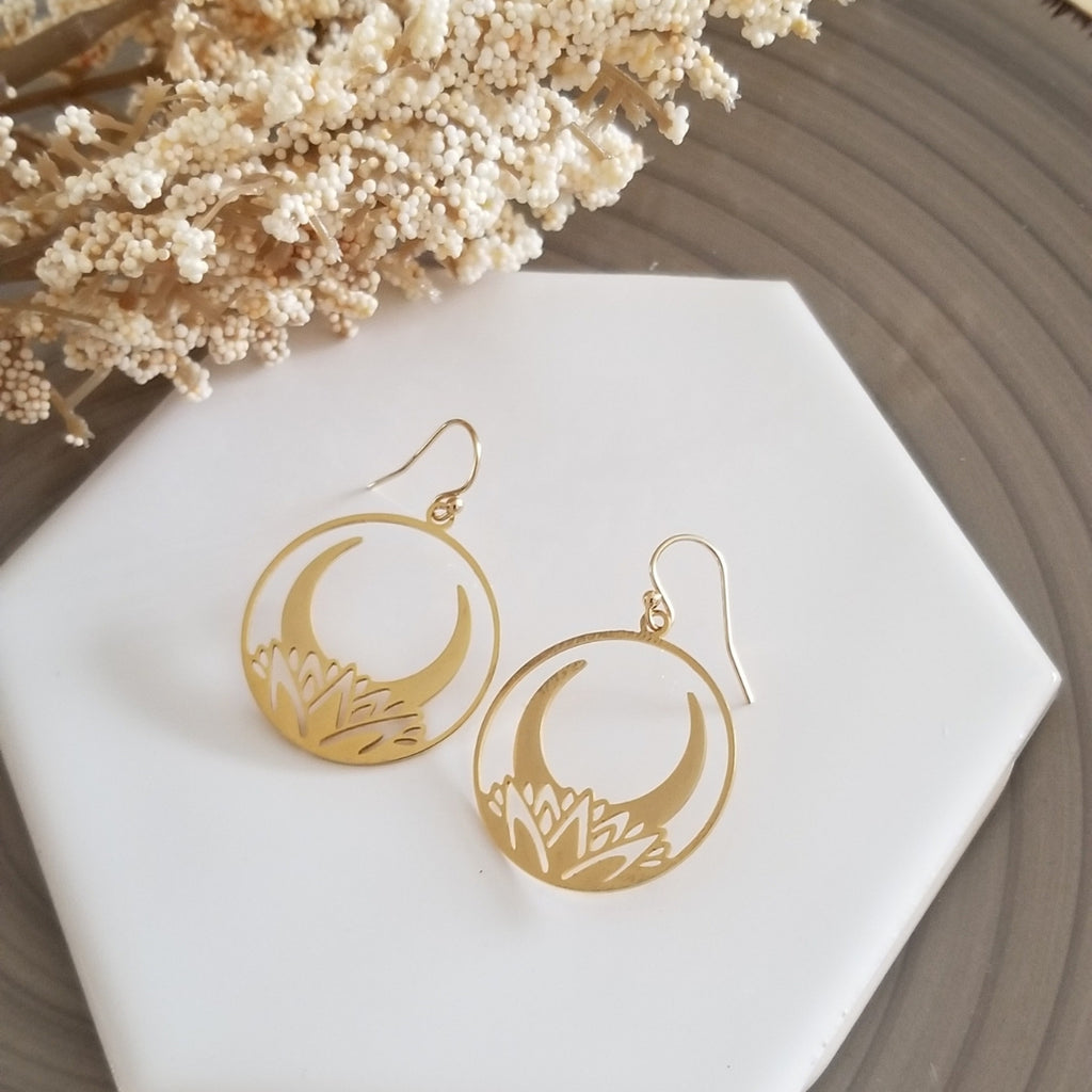 Lotus Moon Earrings, Boho Moon Earrings, Gold Hoops, Crescent Moon Earrings Dangle, Bohemian Earrings for Women, Gift for Her