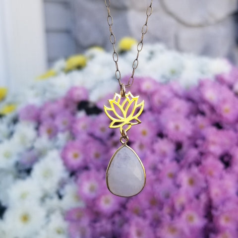 Gold Lotus Flower with Moonstone Teardrop Pendant Necklace