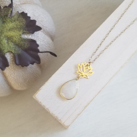 Gold Moonstone Pendant, Lotus Flower Necklace for women