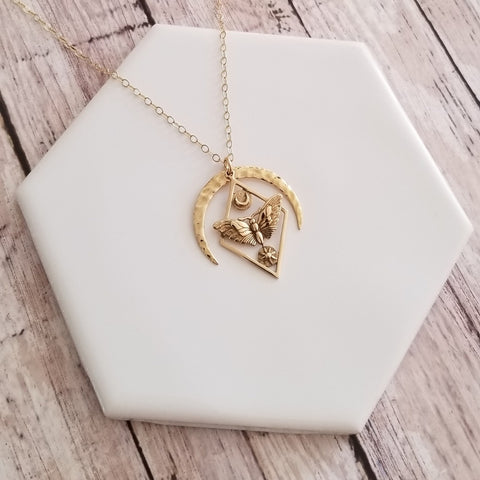 Unique Moth Moon and Sun Pendant Necklace, Handmade Jewelry for Women in the USA, Gift for Her
