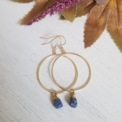 Boho Gold Hoop Earrings, Raw Sapphire earrings