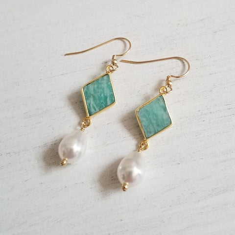 Gold Amazonite Earrings, Teardrop Pearl Earrings