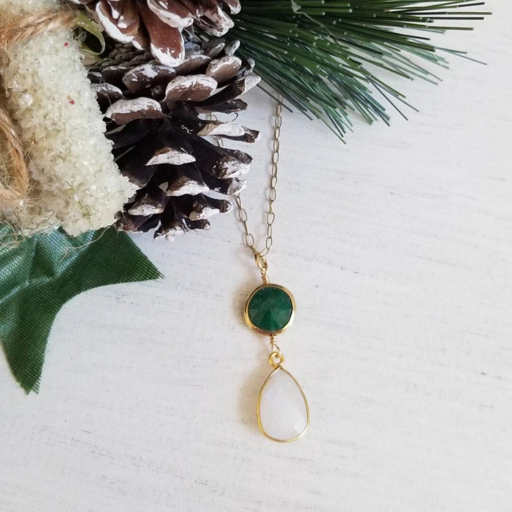 Emerald pendant necklace, gold filled necklace, thin gold chain, Moonstone teardrop necklace