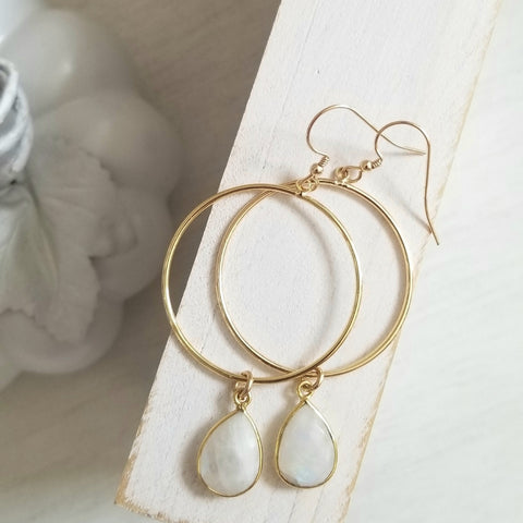 Gold Hoop Earrings, Moonstone drop earrings