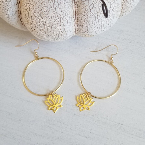 Gold Hoop Earrings with Lotus Flowers