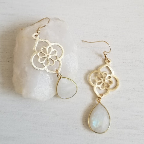 Gold Moonstone Flower Earrings, Gift for Wife