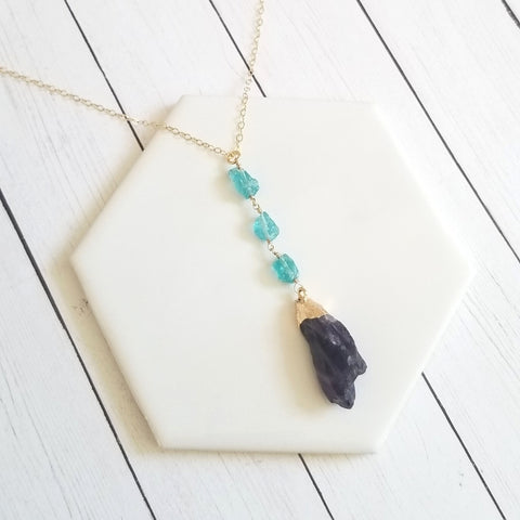 Raw Crystal Necklace, Apatite and Amethyst Necklace