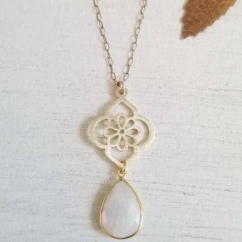 Brushed Gold Flower Pendant with Moonstone