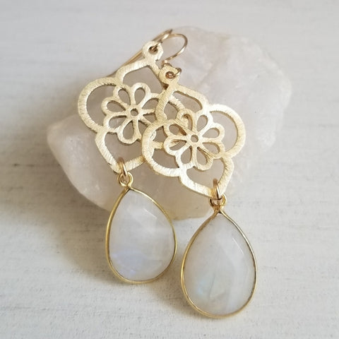 Brushed Gold Moonstone Flower Earrings