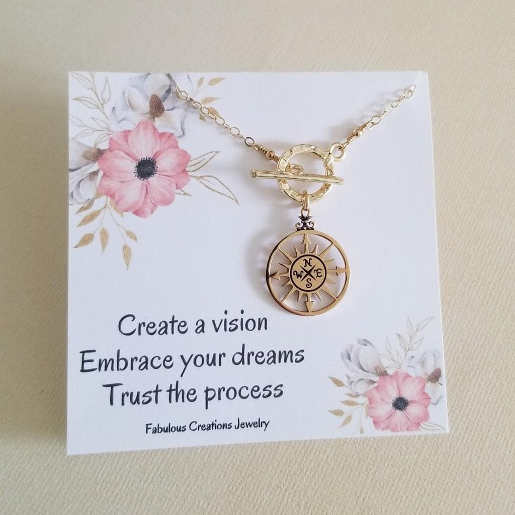 Gold Medallion Compass Necklace, Modern Front Toggle Necklace, Inspirational Gift for Her