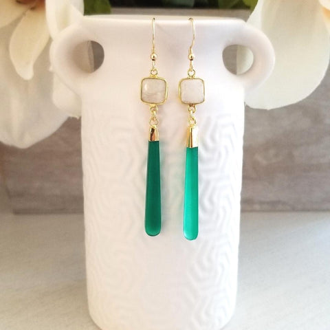 Green Onyx and Moonstone Long Dangle Earrings, Bohemian Gemstone Earrings, Unique Statement Earrings