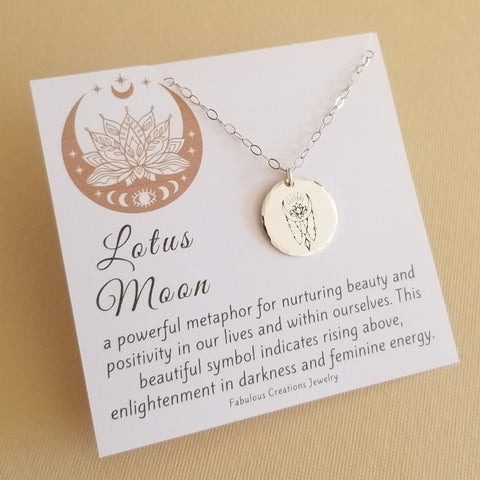 Bohemian Moon Necklace for Women, Lotus Moon Hand Stamped Necklace, Sterling Silver Coin Necklace Handmade in the USA