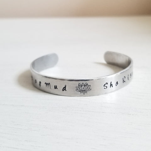 Hand Stamped Cuff Bracelet for women, Lotus Flower Bracelet