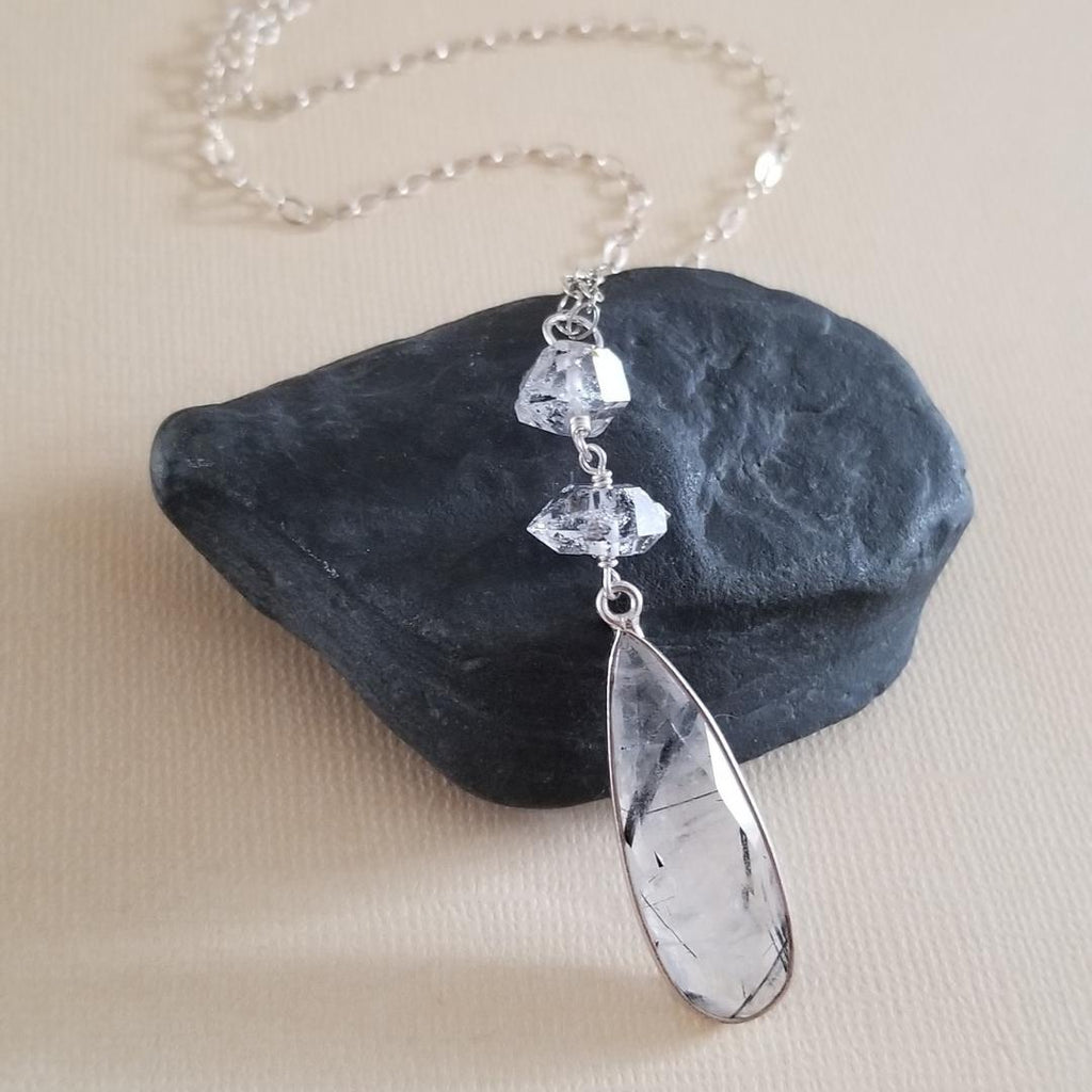 Black Rutilated Quartz Necklace, Herkimer Diamond Pendant, Long Teardrop Stone Necklace, Raw Crystal Necklaces for Women, Gift for Her