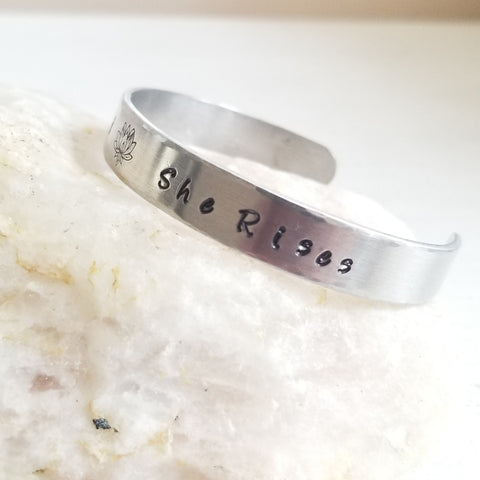 Out of Mud She Rises, Custom Stamped Bracelet, Handmade in the USA