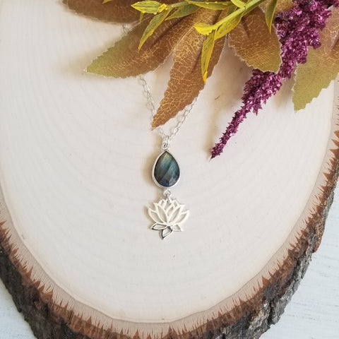 Labradorite and Lotus Flower Pendant Necklace