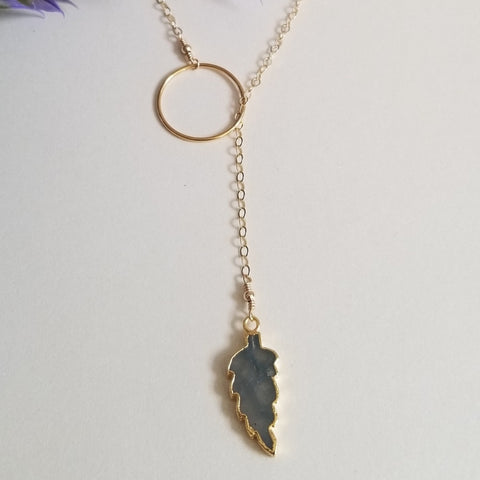 Labradorite Leaf Necklace, Gold Lariat, Gift for Her