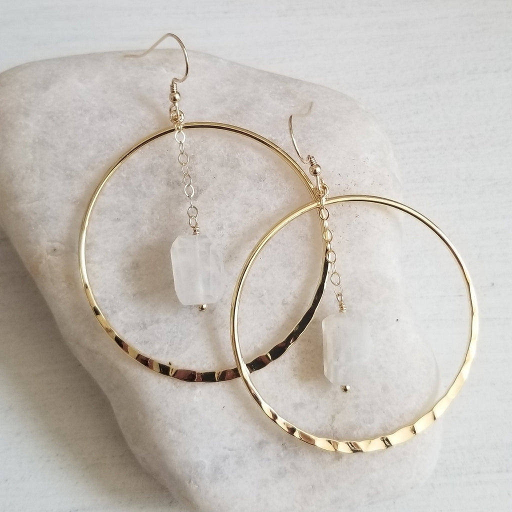Raw Moonstone Crystal Gold Hoop Earrings