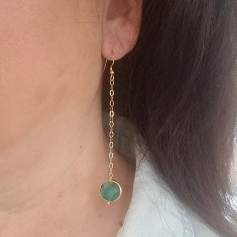 Raw Emerald Earrings, Long Gold Earrings