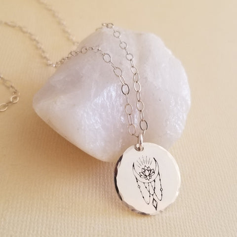 Sterling Silver Lotus Moon Coin Necklace, Boho Moon Necklace, Gift for Best Friend, Layering Necklace, Hand Stamped Charm Necklace