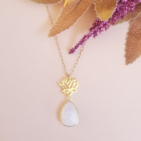 Gold Lotus Flower with Moonstone Teardrop Pendant Necklace