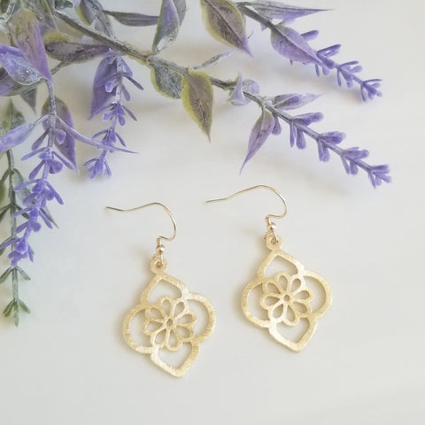 Gold Medallion Earrings, Brushed Gold Floral Design Earrings