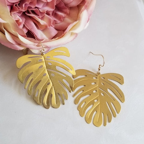 Gold Brass Monstera Leaf Earrings