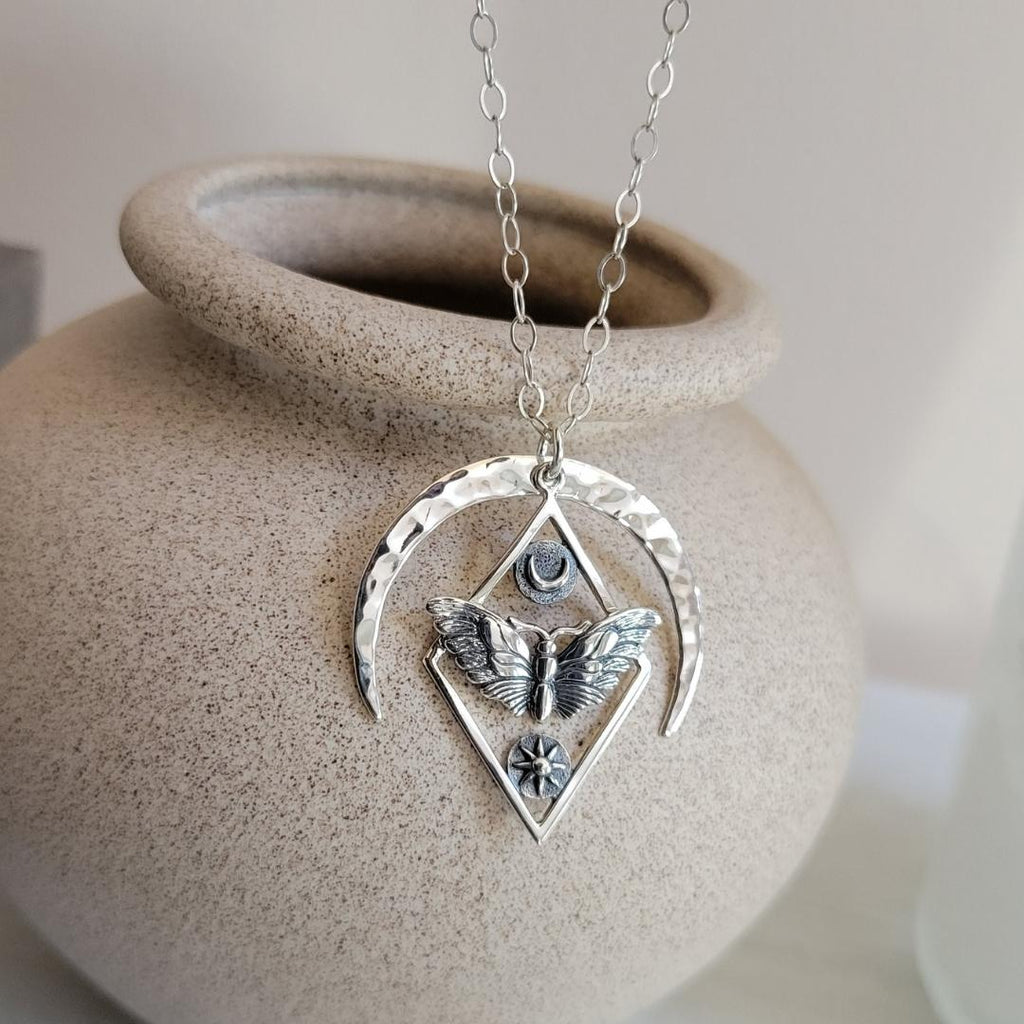 Sterling Silver Moth Necklace, Moth Sun and Moon Charm Necklace, Moth Pendant, Geometric Moth Necklace with Sun and Moon, Moon Jewelry