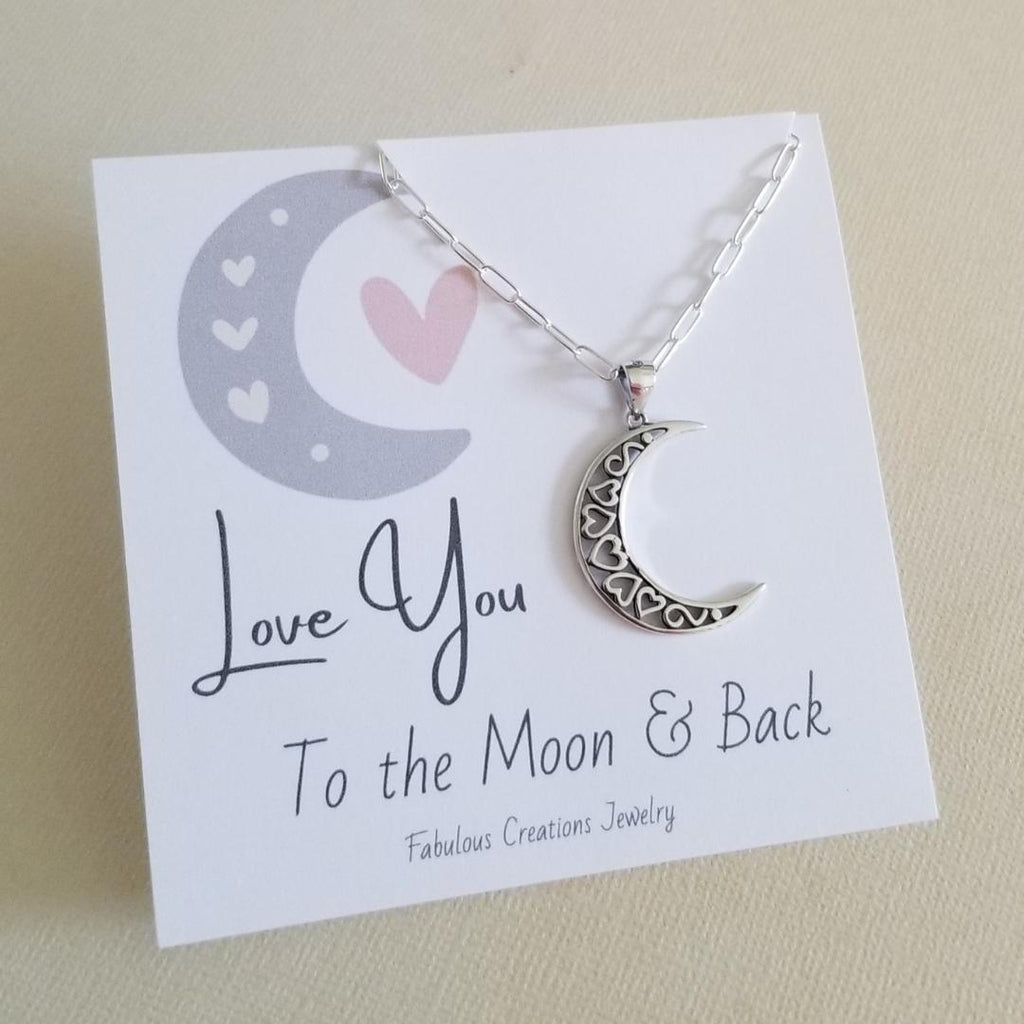 Sterling Silver Moon and Hearts Pendant Necklace, Love You to the Moon and Back