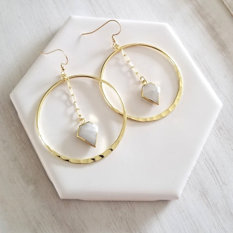 Gold Moonstone Hoop Earrings, Gemstone Dangle Earrings, Gift for Best Friend, Big Hoop Earrings