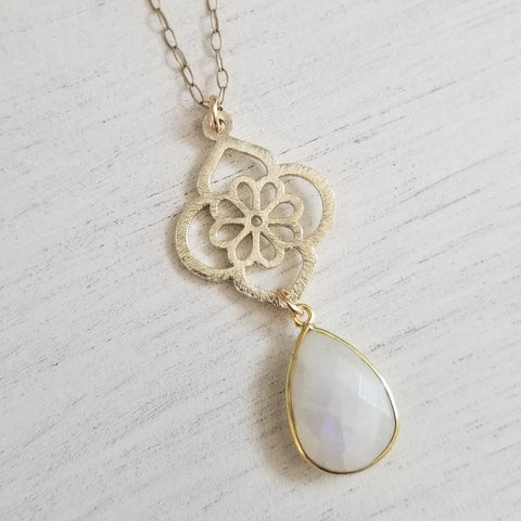 Gold Moonstone and Flower Pendant Necklace